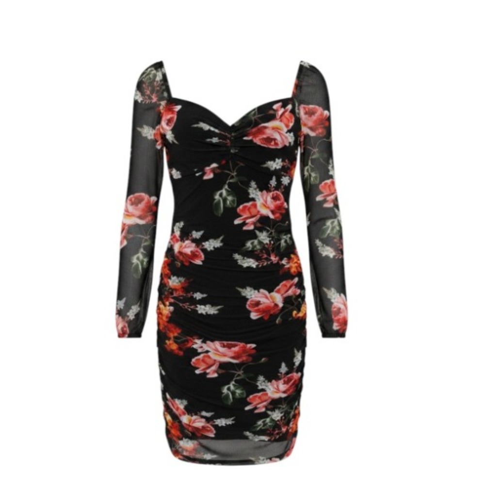 Guess Women's  Mesh Overlay Bodycon Dress Black Floral  XL